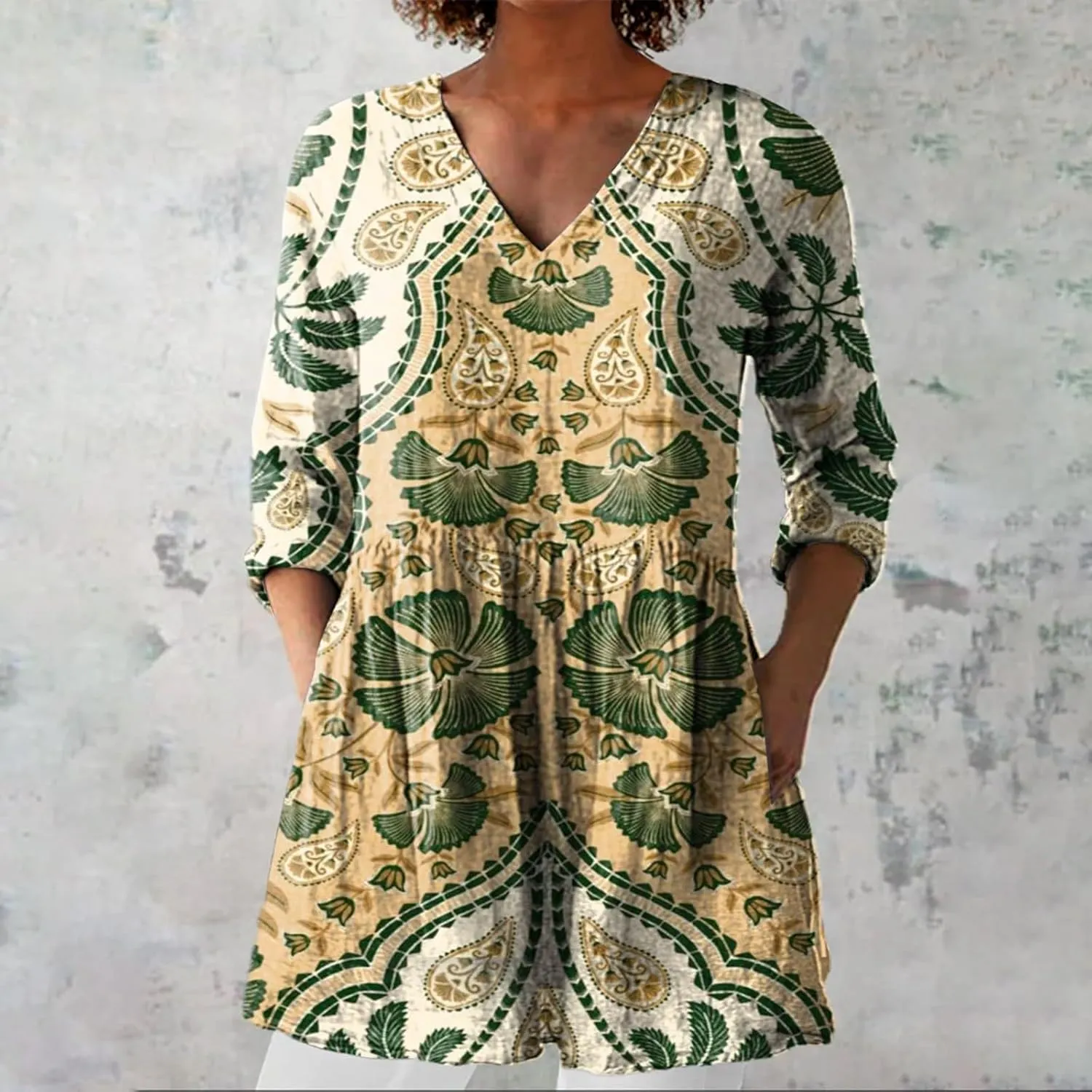 Cotton Linen Boho Tops for Women Casual Vintage Long Sleeve Shirt Floral Graphic V Neck Blouses Vacation Tunics