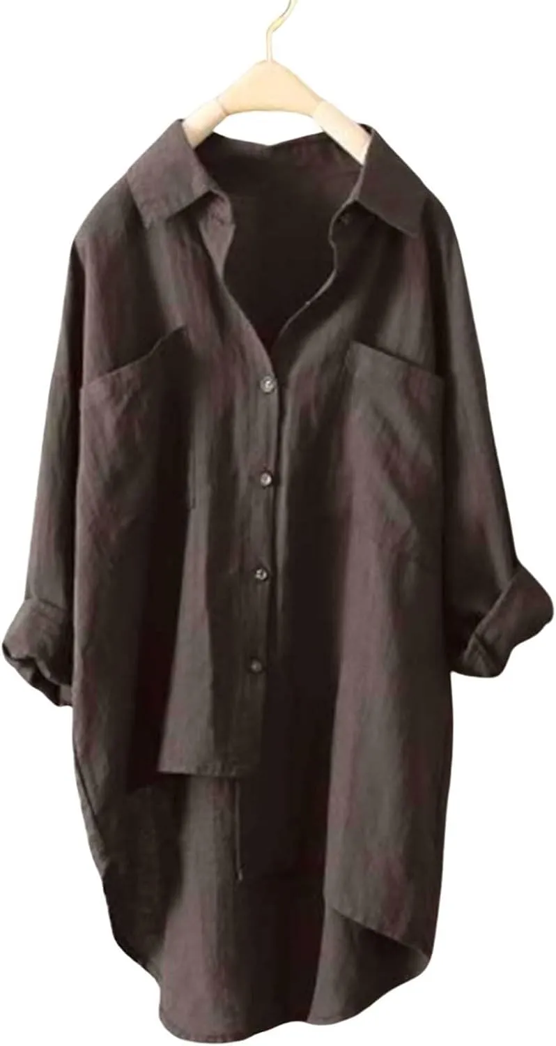 Cotton Linen Button Down Shirt for Women Women O-Neck Floral Lady Short Women's Blouse Blouses Button-Down Shirts