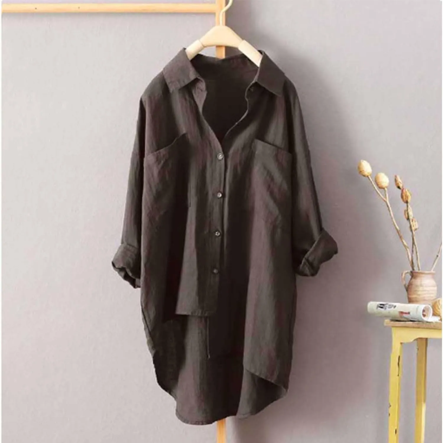 Cotton Linen Button Down Shirt for Women Women O-Neck Floral Lady Short Women's Blouse Blouses Button-Down Shirts