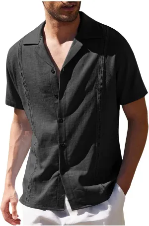 Cotton Linen Shirts for Men, Men's Cuban Guayabera Shirts Short Sleeve Casual Button Down Shirt Fashion Summer Beach Shirt