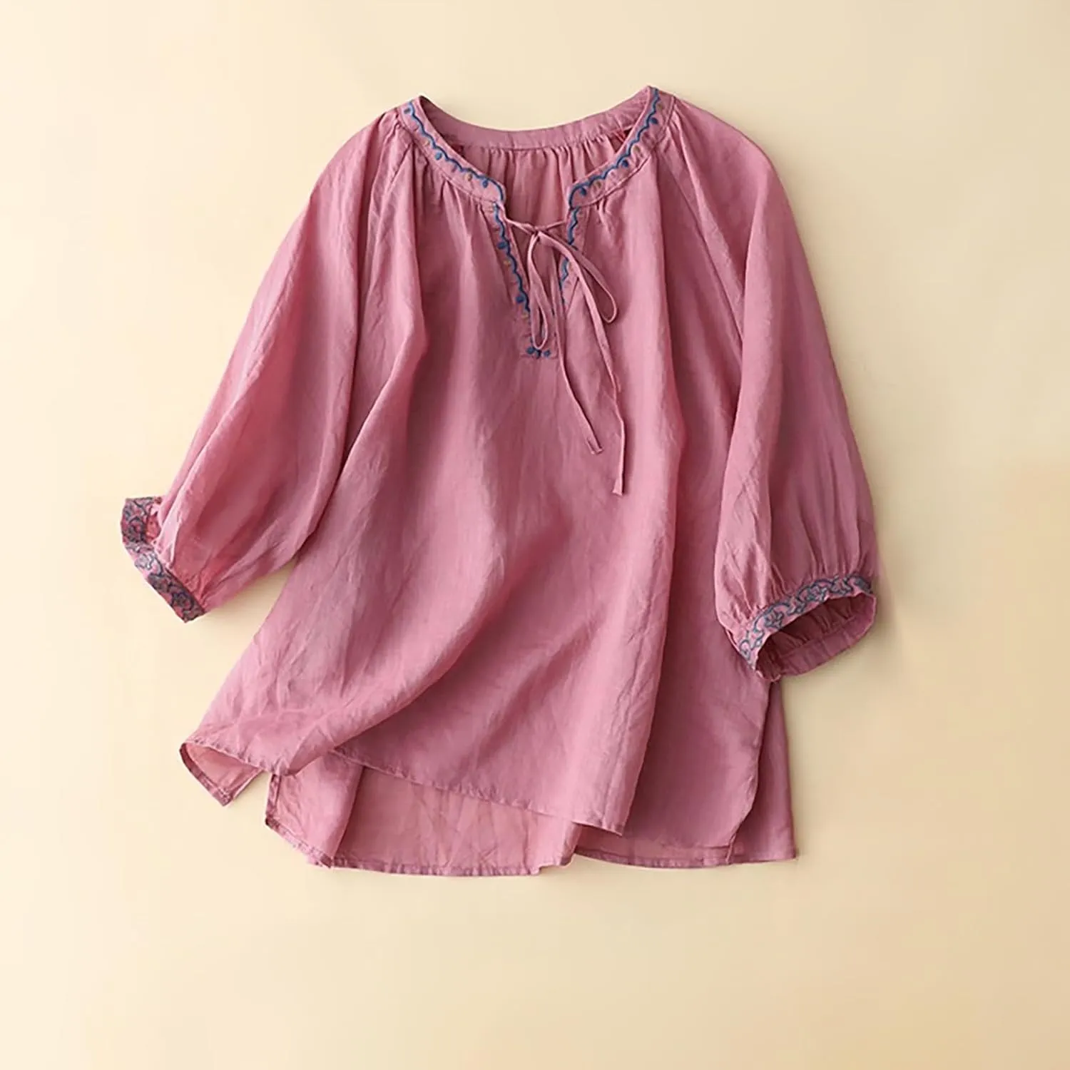 Cotton Linen Shirts for Women 2025 Trendy Summer Floral Embroidered 3/4 Sleeve Flowy Blouse Dressy Casual Boho Tops