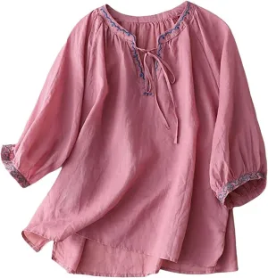 Cotton Linen Shirts for Women 2025 Trendy Summer Floral Embroidered 3/4 Sleeve Flowy Blouse Dressy Casual Boho Tops