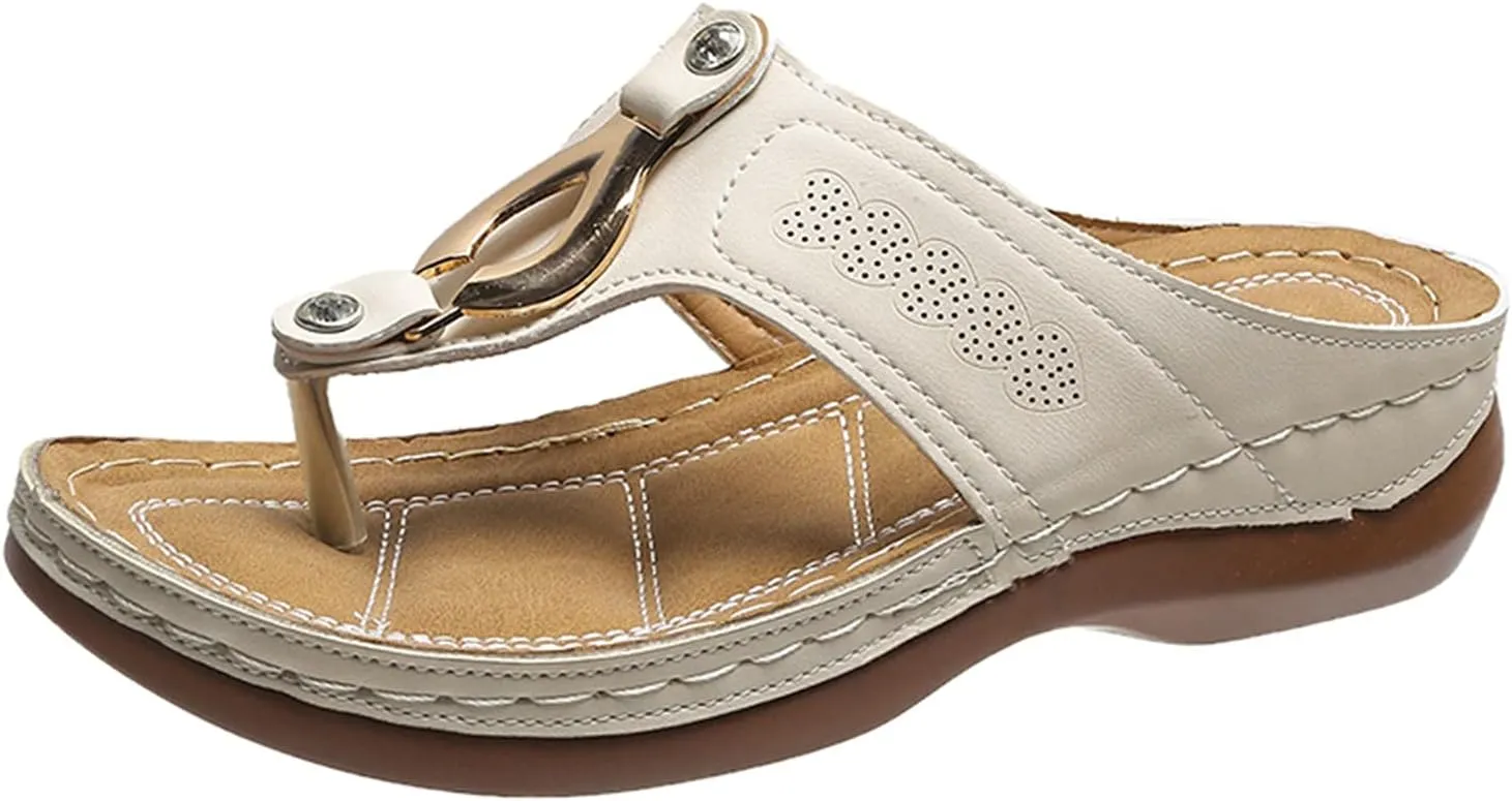 Crzidha Women's Thong Flip Flops Sandal Summer Casual Open Toe Breathable Sandals with Arch Support Orthopedic Soft Comfortable Leather Hollow Clip Toe Sandals Versatile Beach Outdoor Shoes