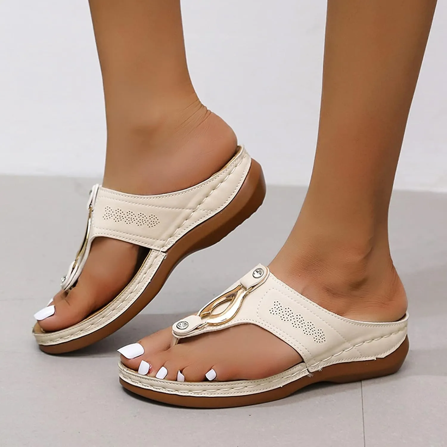 Crzidha Women's Thong Flip Flops Sandal Summer Casual Open Toe Breathable Sandals with Arch Support Orthopedic Soft Comfortable Leather Hollow Clip Toe Sandals Versatile Beach Outdoor Shoes
