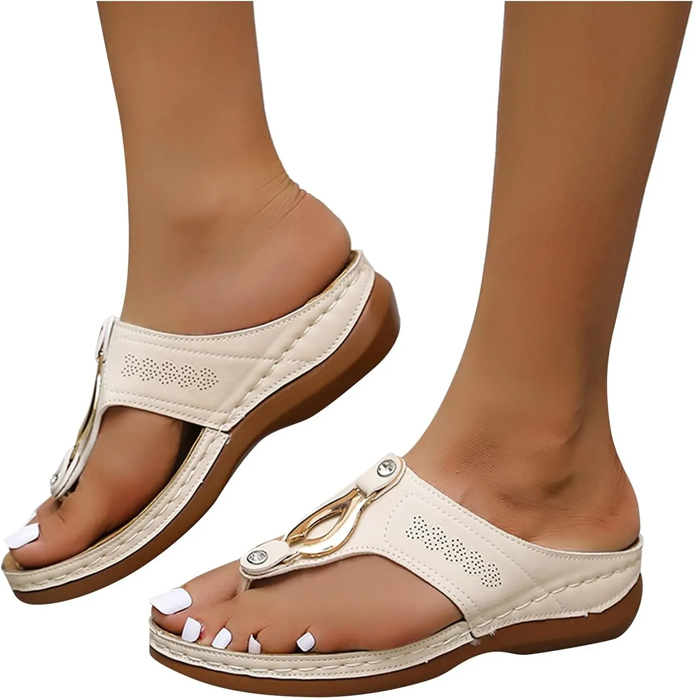Crzidha Women's Thong Flip Flops Sandal Summer Casual Open Toe Breathable Sandals with Arch Support Orthopedic Soft Comfortable Leather Hollow Clip Toe Sandals Versatile Beach Outdoor Shoes