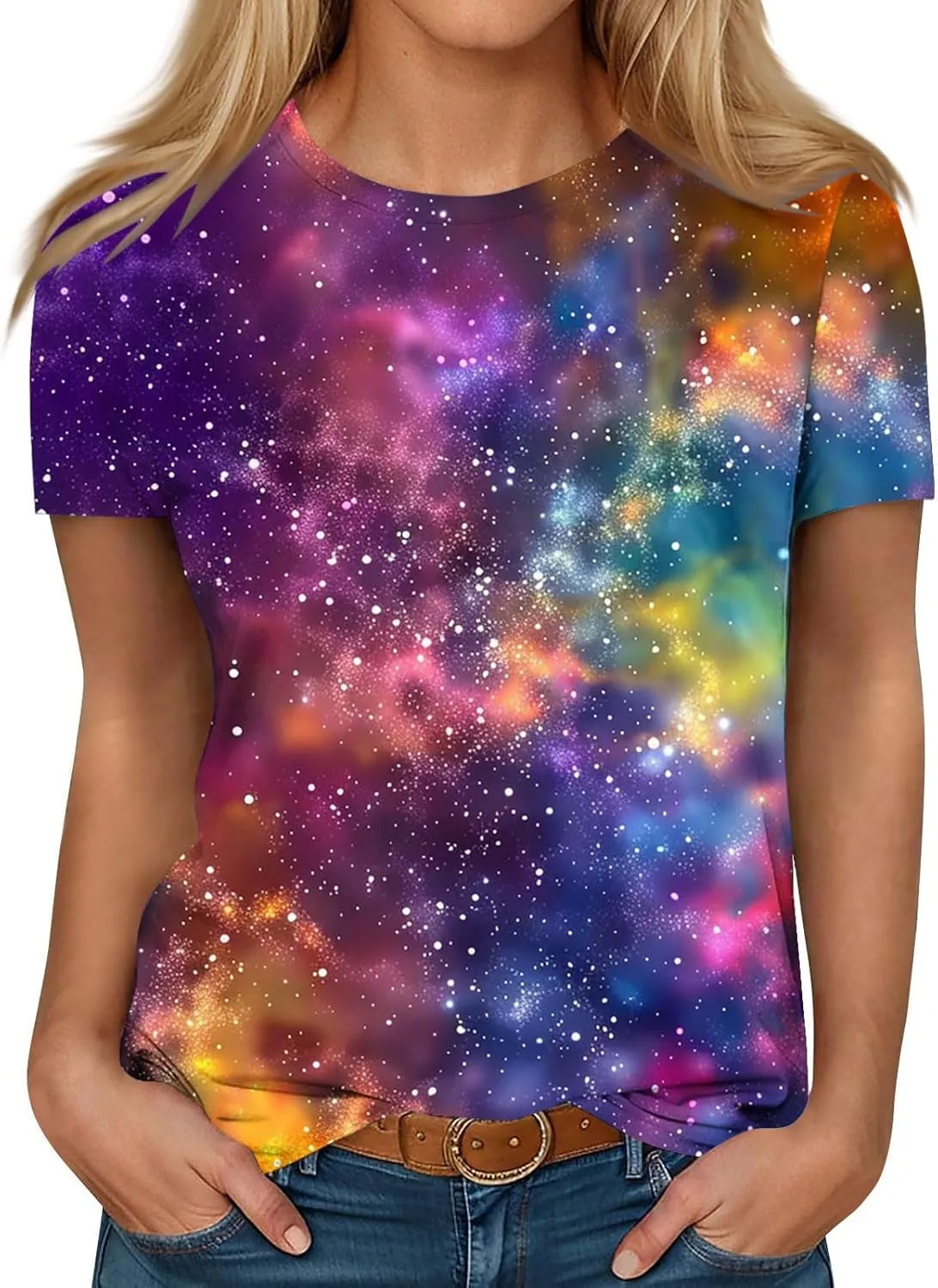 Cute Summer Tops for Women Galaxy Space Print Petite Shirts Casual Short Sleeve Crewneck Graphic Tees Blouses