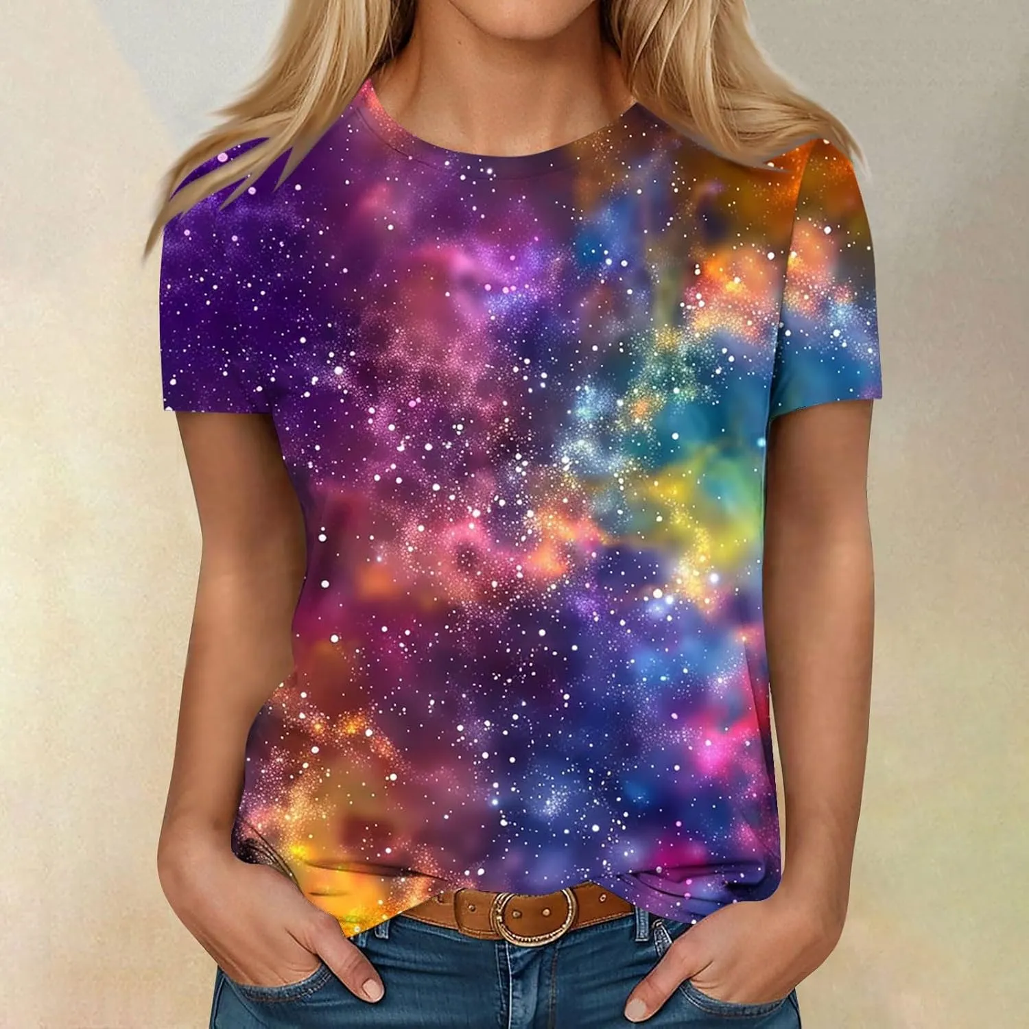 Cute Summer Tops for Women Galaxy Space Print Petite Shirts Casual Short Sleeve Crewneck Graphic Tees Blouses