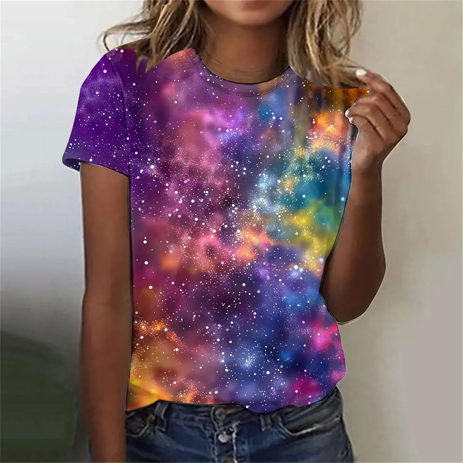 Cute Summer Tops for Women Galaxy Space Print Petite Shirts Casual Short Sleeve Crewneck Graphic Tees Blouses