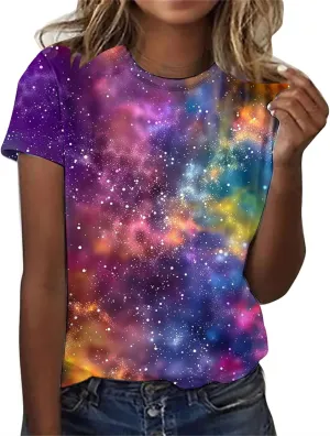 Cute Summer Tops for Women Galaxy Space Print Petite Shirts Casual Short Sleeve Crewneck Graphic Tees Blouses
