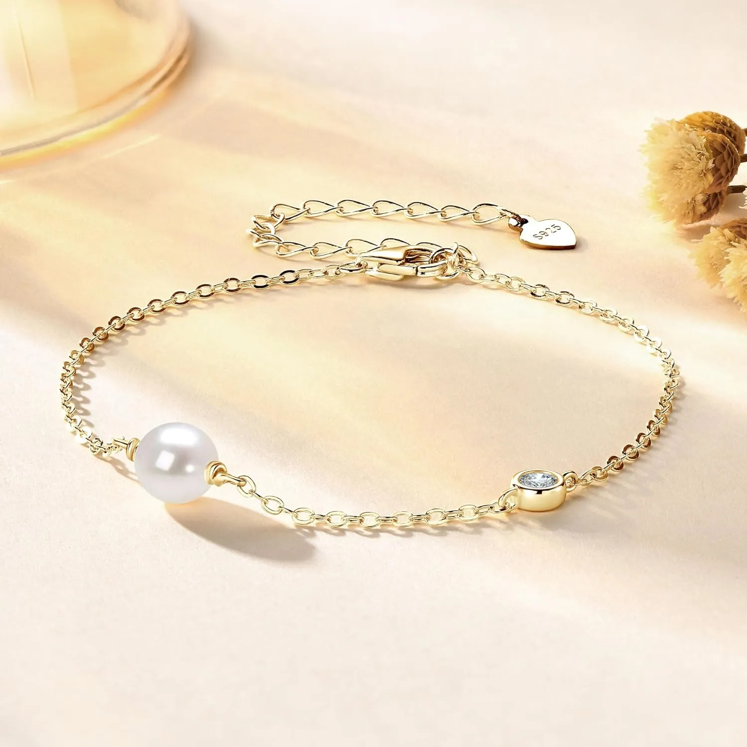 Dainty Freshwater Pearl Bracelet for Women, Delicate Sterling Silver White Pearl Link Chain Bracelets Wedding Jewelry for Brides Bridesmaid Gifts