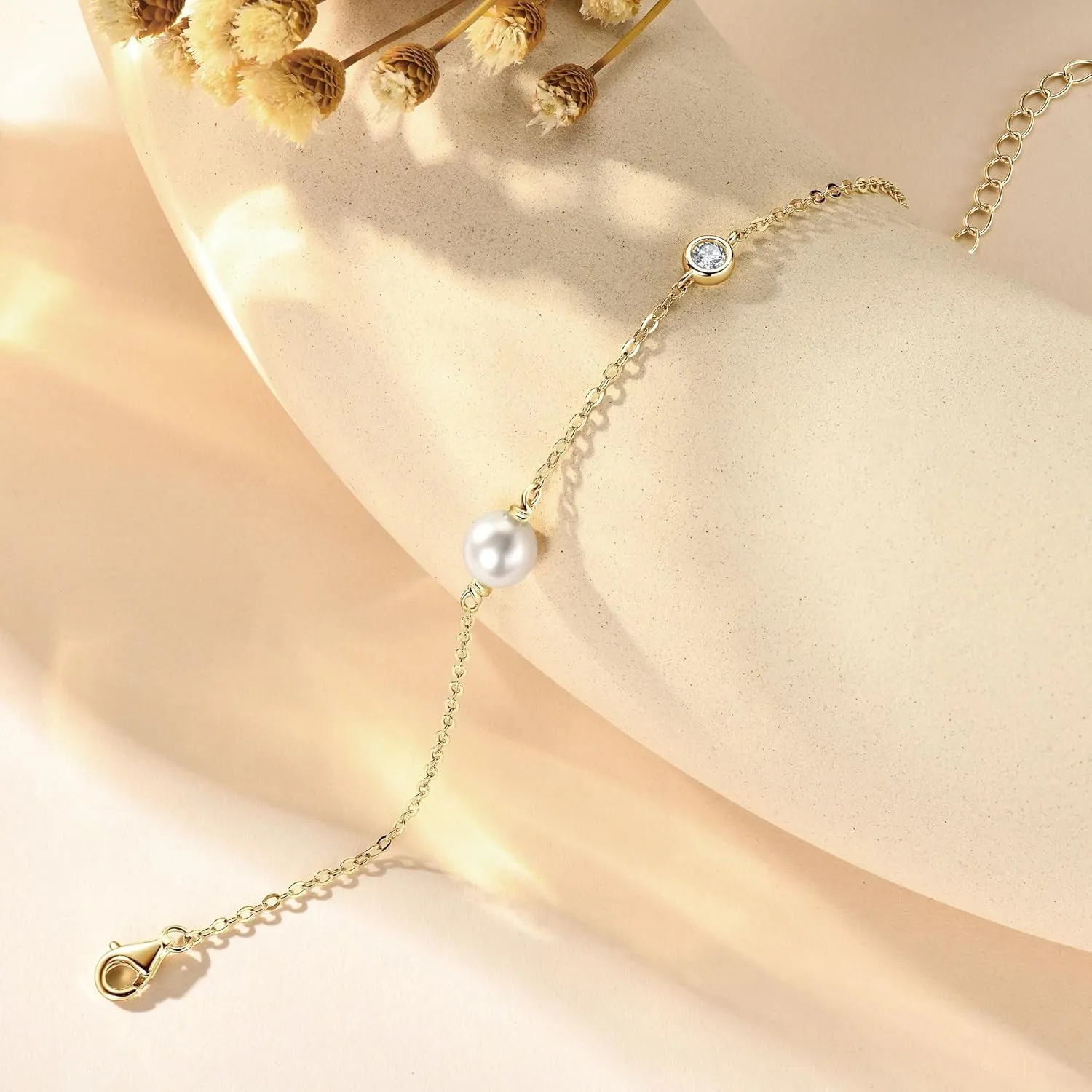 Dainty Freshwater Pearl Bracelet for Women, Delicate Sterling Silver White Pearl Link Chain Bracelets Wedding Jewelry for Brides Bridesmaid Gifts