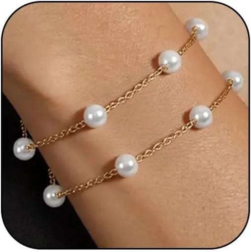 Dainty Gold And Pearl Bracelets Stack for Women Trendy Cute White Pearls Beaded Plated Chain Stackable Stacked Bangle Bracelet Fashion Wedding Jewelry