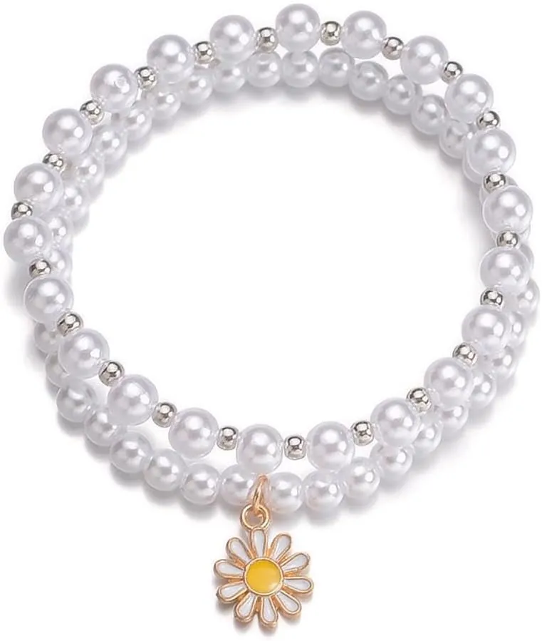 Dainty Pearl Bracelets Bohemia Alloy Daisy Pendant Pearl Elastic Bracelet for Women Handmade Natural Stone Bead Starfish Wax Thread Woven Pearl Elastic Bracelet for Women Jewelry