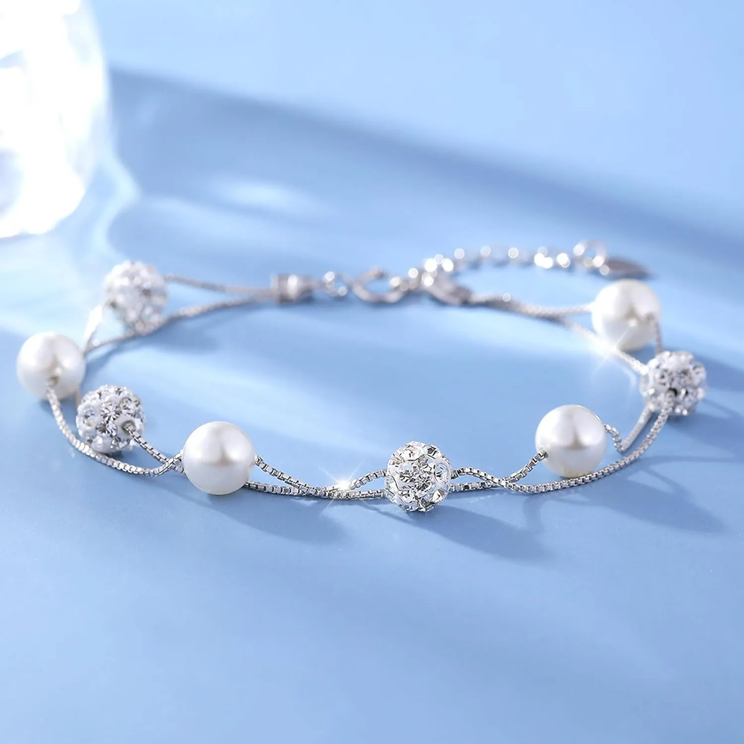 Dainty Pearl Layered Bracelets for Women 925 Sterling Silver Crystal Bead Link Chain Bracelet Adjustable CZ Handmade Minimalist Charm Bracelets Jewelry Birthday Gifts for Mom