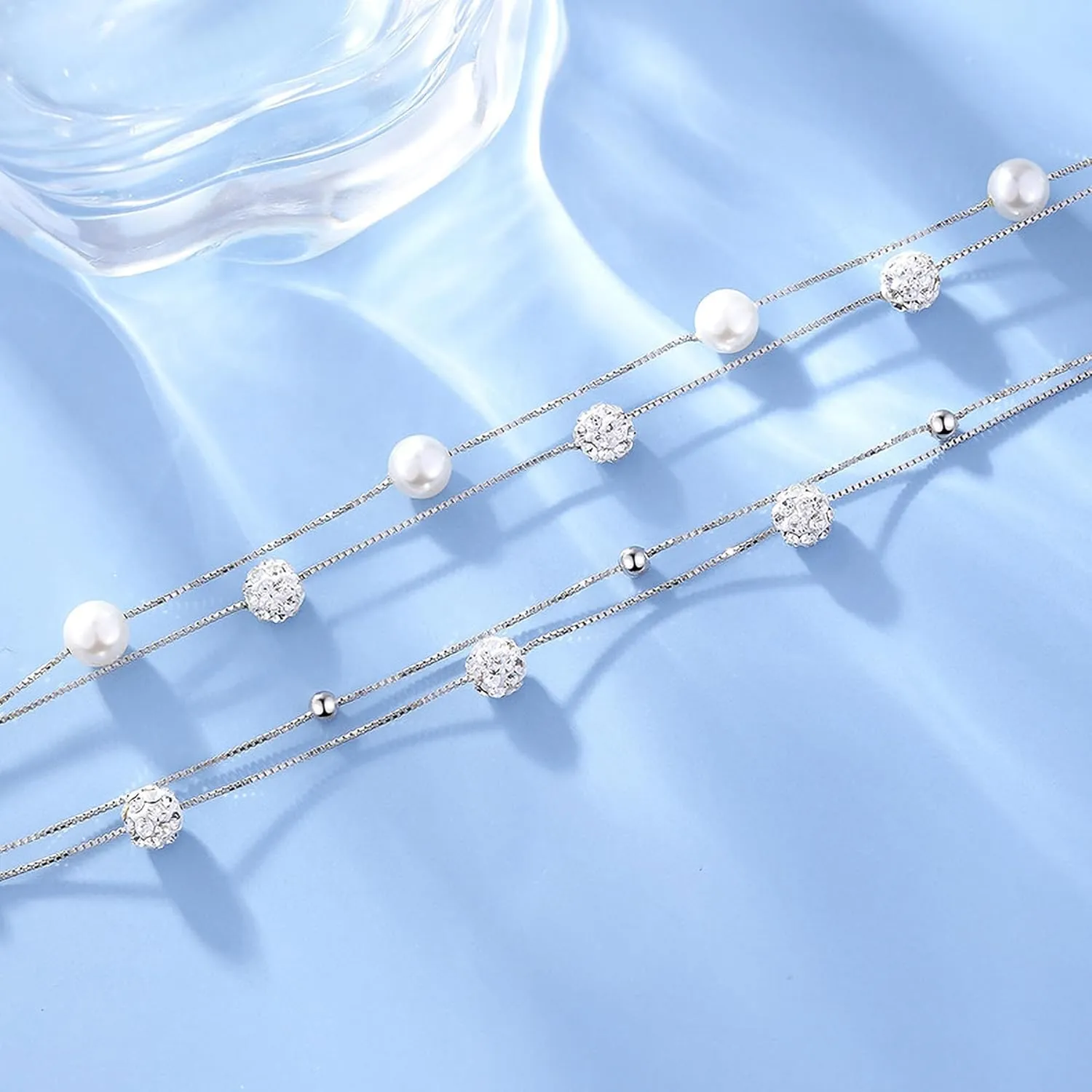 Dainty Pearl Layered Bracelets for Women 925 Sterling Silver Crystal Bead Link Chain Bracelet Adjustable CZ Handmade Minimalist Charm Bracelets Jewelry Birthday Gifts for Mom