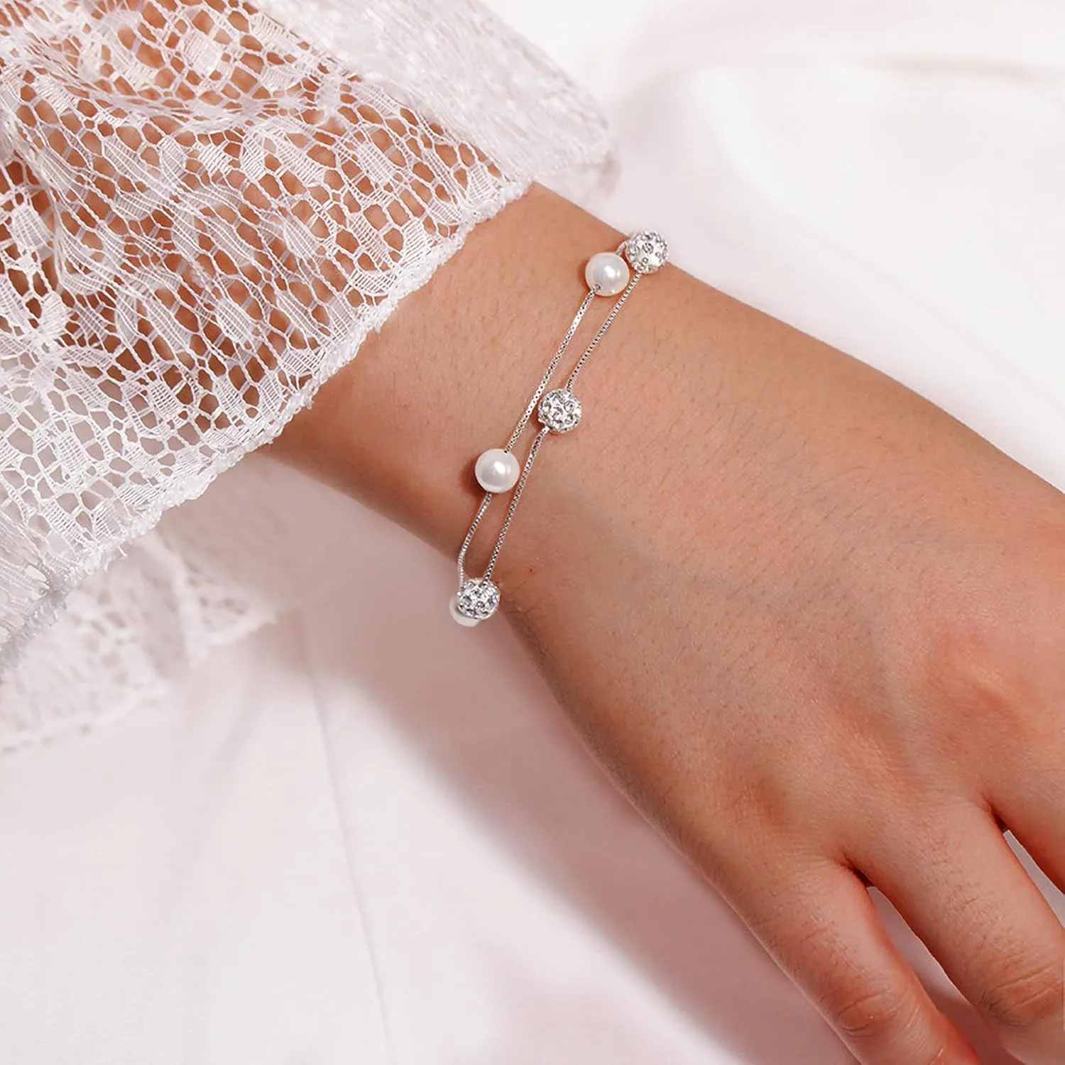 Dainty Pearl Layered Bracelets for Women 925 Sterling Silver Crystal Bead Link Chain Bracelet Adjustable CZ Handmade Minimalist Charm Bracelets Jewelry Birthday Gifts for Mom