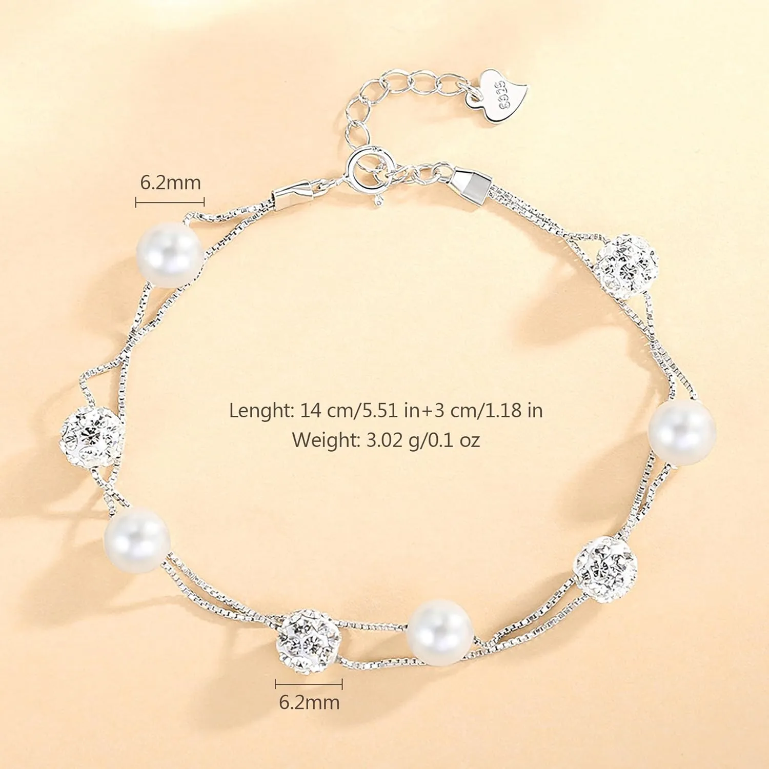 Dainty Pearl Layered Bracelets for Women 925 Sterling Silver Crystal Bead Link Chain Bracelet Adjustable CZ Handmade Minimalist Charm Bracelets Jewelry Birthday Gifts for Mom