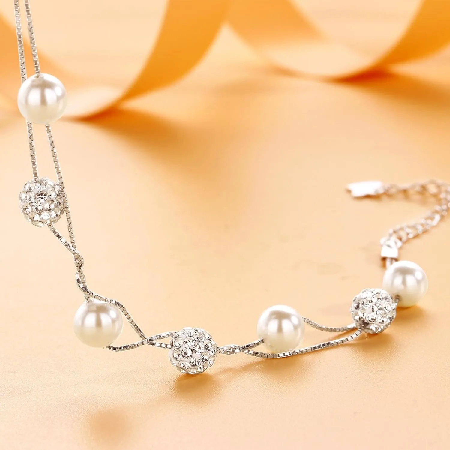 Dainty Pearl Layered Bracelets for Women 925 Sterling Silver Crystal Bead Link Chain Bracelet Adjustable CZ Handmade Minimalist Charm Bracelets Jewelry Birthday Gifts for Mom