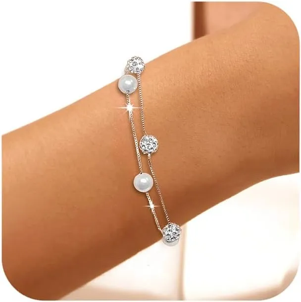 Dainty Pearl Layered Bracelets for Women 925 Sterling Silver Crystal Bead Link Chain Bracelet Adjustable CZ Handmade Minimalist Charm Bracelets Jewelry Birthday Gifts for Mom
