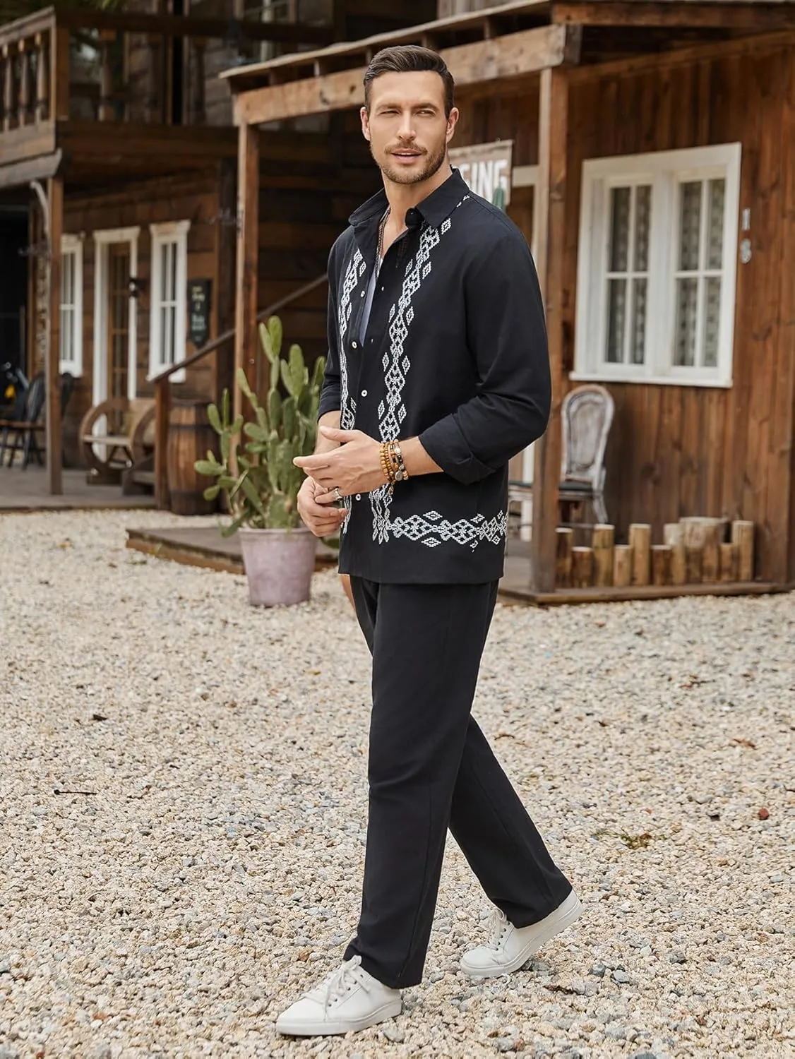 Daupanzees Men's 2 Piece Cotton Outfit Cuban Button Down Long Sleeve Shirts and Loose Pants Sets Guayabera Shirts Suit