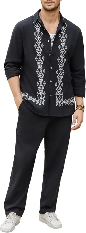 Daupanzees Men's 2 Piece Cotton Outfit Cuban Button Down Long Sleeve Shirts and Loose Pants Sets Guayabera Shirts Suit