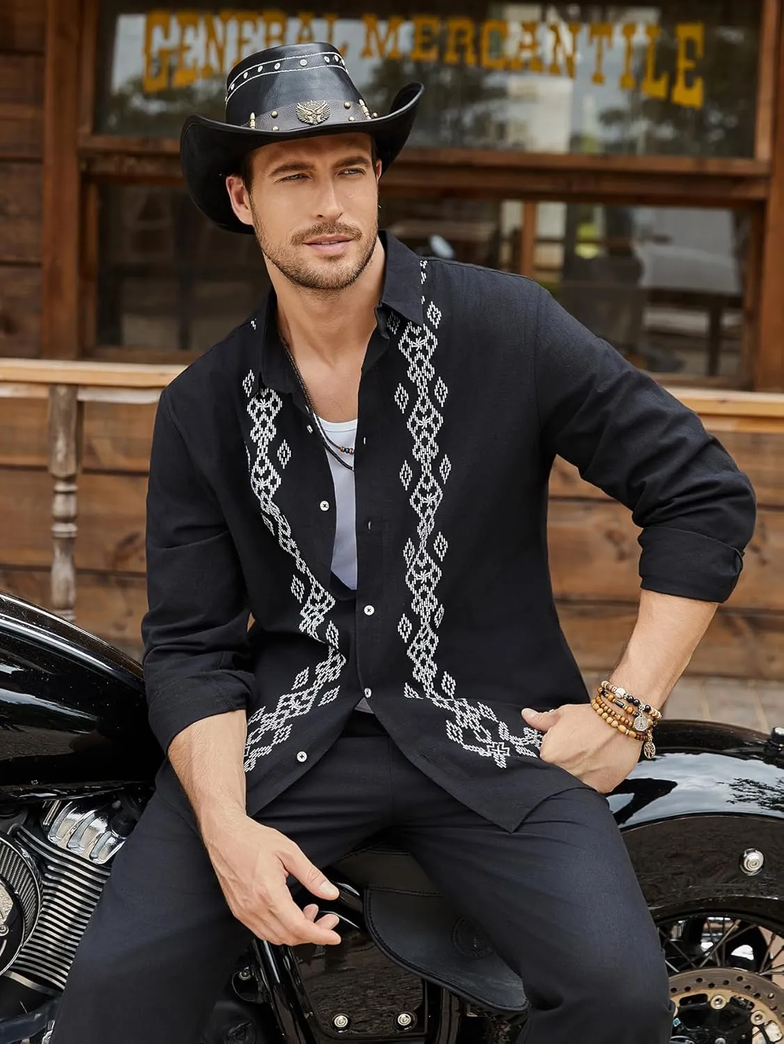 Daupanzees Men's 2 Piece Cotton Outfit Cuban Button Down Long Sleeve Shirts and Loose Pants Sets Guayabera Shirts Suit