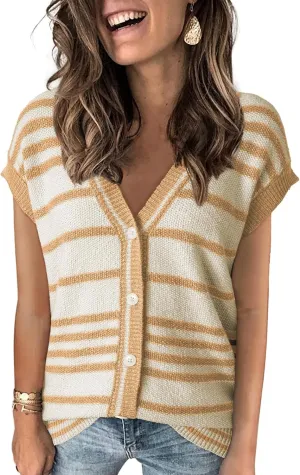 Dokotoo Sweater Vest Women Striped V Neck Button Vest for Women Vest Top Spring Cardigan Sweaters for Women 2025