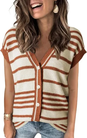 Dokotoo Sweater Vest Women Striped V Neck Button Vest for Women Vest Top Spring Cardigan Sweaters for Women 2025