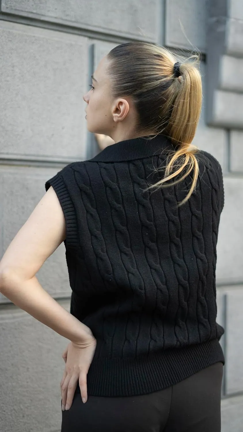 Dokotoo V-Neck Lapel Collar Cable Knit Vest Top for Women - Spring Outfits 2025