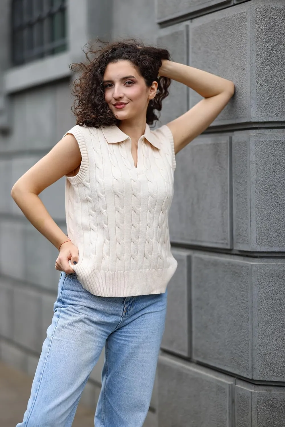 Dokotoo V-Neck Lapel Collar Cable Knit Vest Top for Women - Spring Outfits 2025