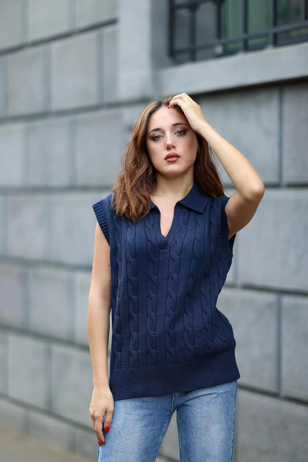 Dokotoo V-Neck Lapel Collar Cable Knit Vest Top for Women - Spring Outfits 2025