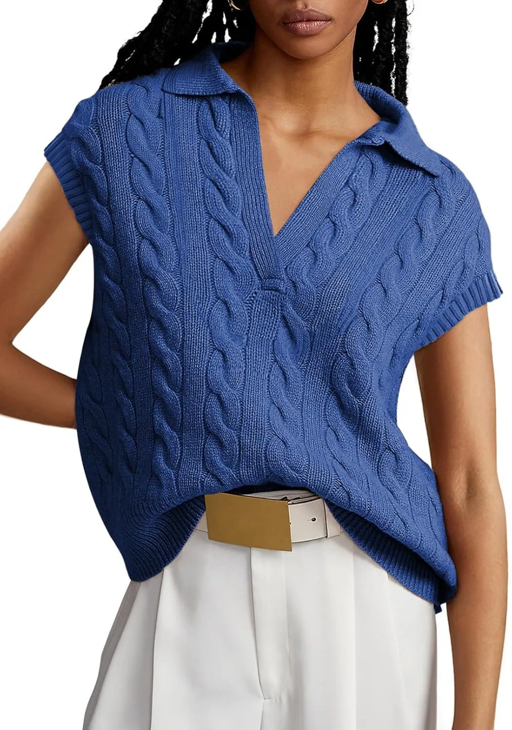 Dokotoo V-Neck Lapel Collar Cable Knit Vest Top for Women - Spring Outfits 2025