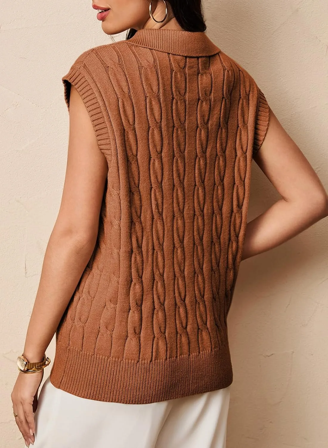 Dokotoo V-Neck Lapel Collar Cable Knit Vest Top for Women - Spring Outfits 2025