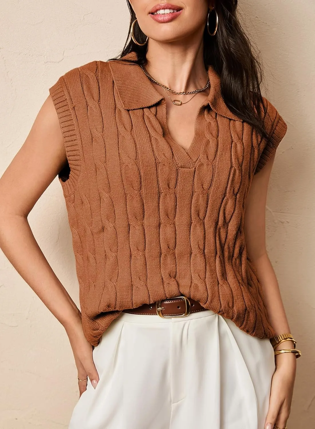Dokotoo V-Neck Lapel Collar Cable Knit Vest Top for Women - Spring Outfits 2025