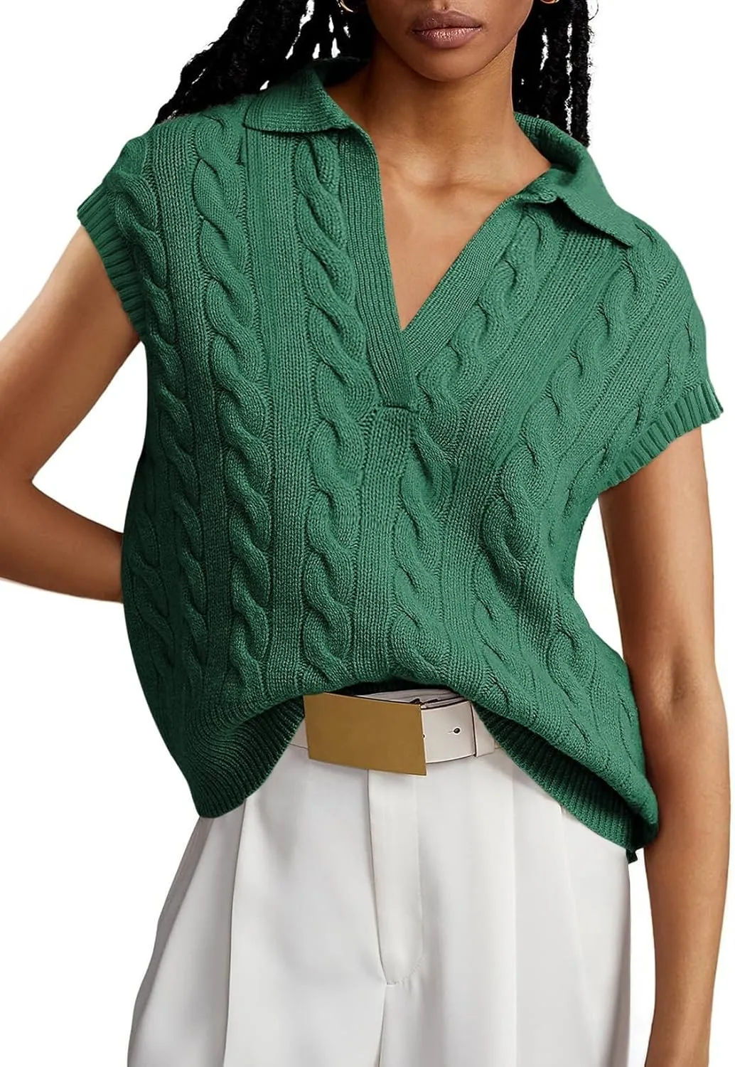 Dokotoo V-Neck Lapel Collar Cable Knit Vest Top for Women - Spring Outfits 2025