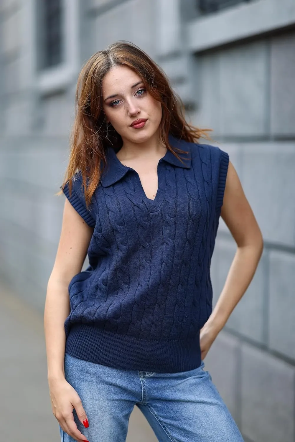 Dokotoo V-Neck Lapel Collar Cable Knit Vest Top for Women - Spring Outfits 2025