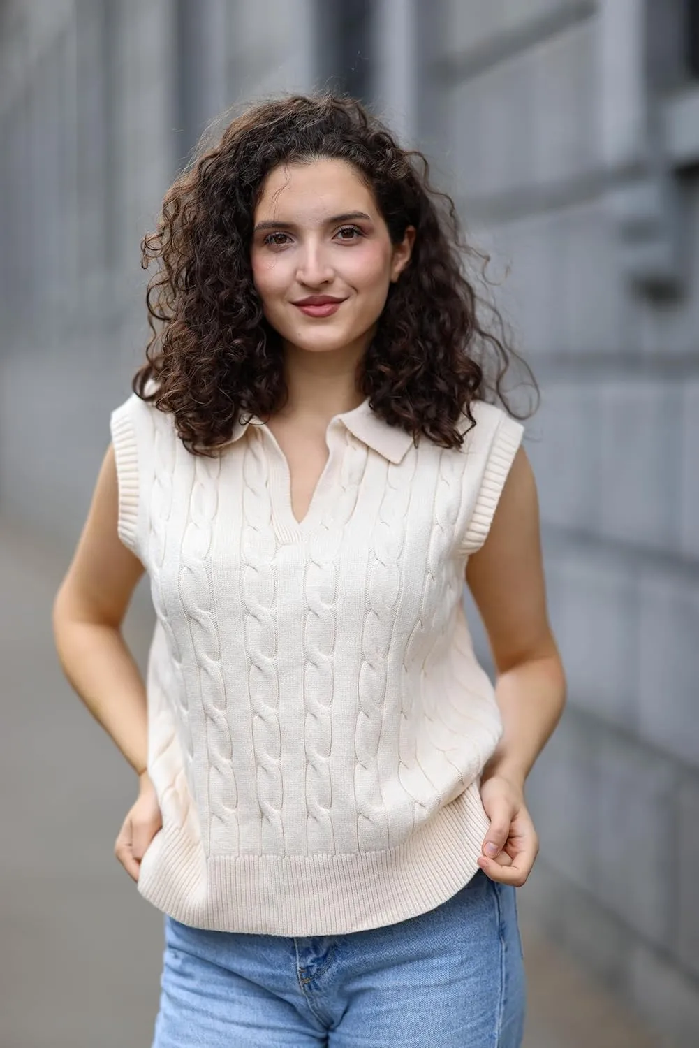 Dokotoo V-Neck Lapel Collar Cable Knit Vest Top for Women - Spring Outfits 2025