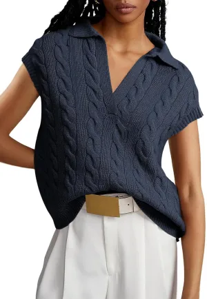 Dokotoo V-Neck Lapel Collar Cable Knit Vest Top for Women - Spring Outfits 2025