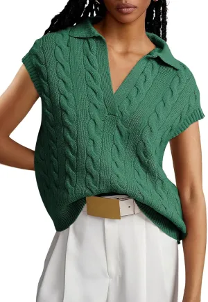 Dokotoo V-Neck Lapel Collar Cable Knit Vest Top for Women - Spring Outfits 2025