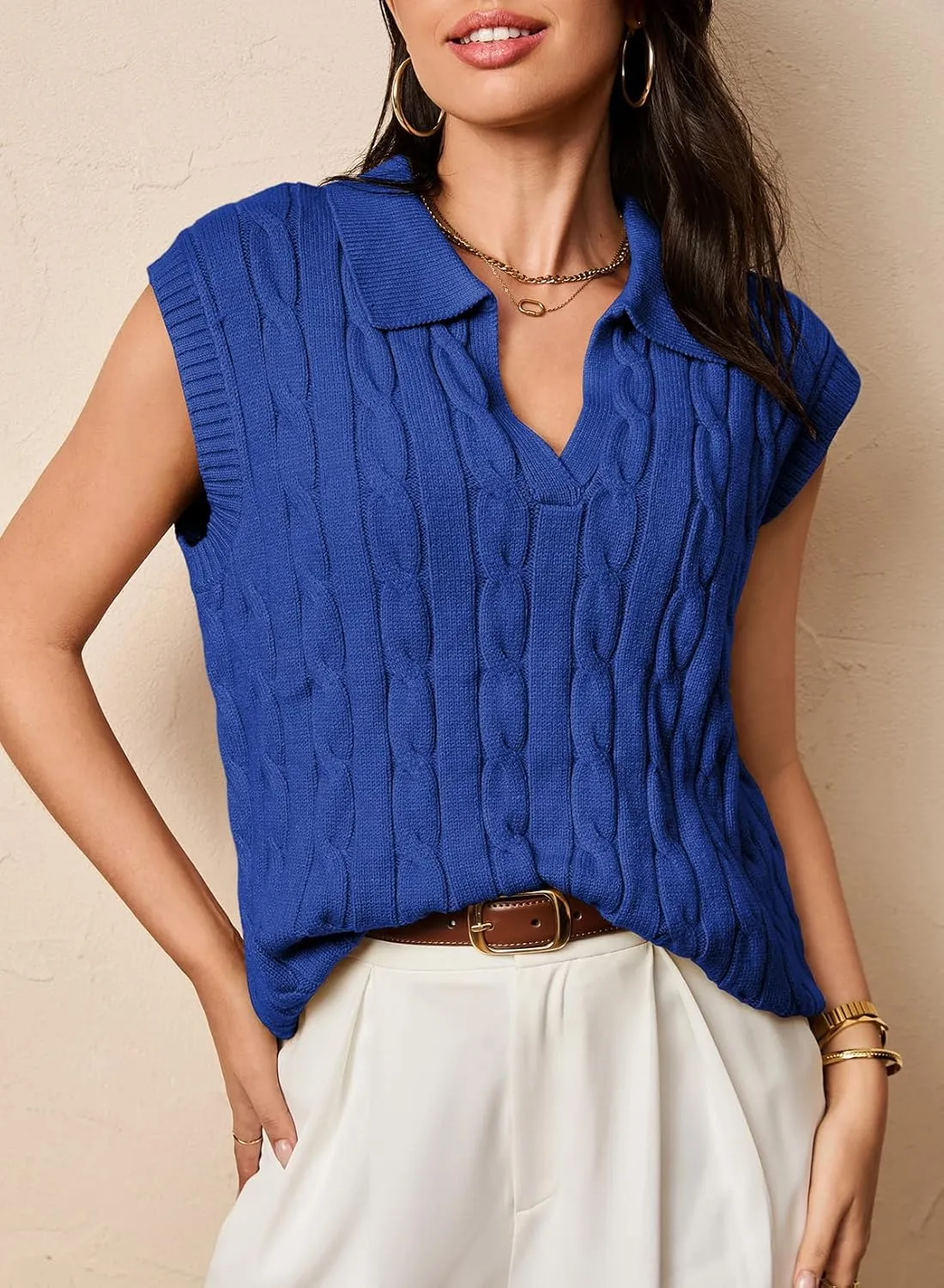 Dokotoo V-Neck Lapel Collar Cable Knit Vest Top for Women - Spring Outfits 2025