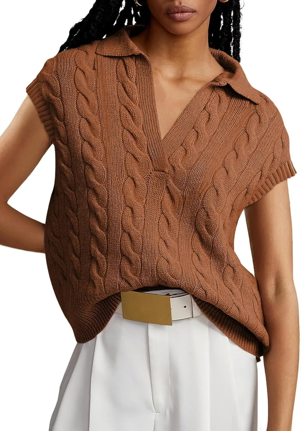Dokotoo V-Neck Lapel Collar Cable Knit Vest Top for Women - Spring Outfits 2025
