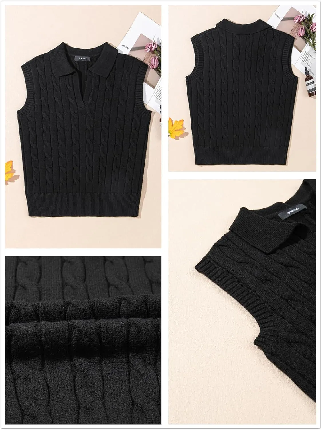 Dokotoo V-Neck Lapel Collar Cable Knit Vest Top for Women - Spring Outfits 2025