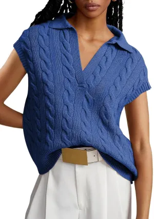 Dokotoo V-Neck Lapel Collar Cable Knit Vest Top for Women - Spring Outfits 2025