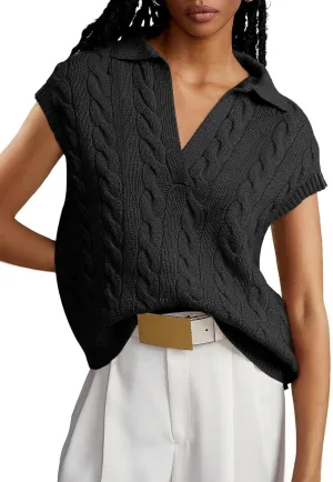 Dokotoo V-Neck Lapel Collar Cable Knit Vest Top for Women - Spring Outfits 2025
