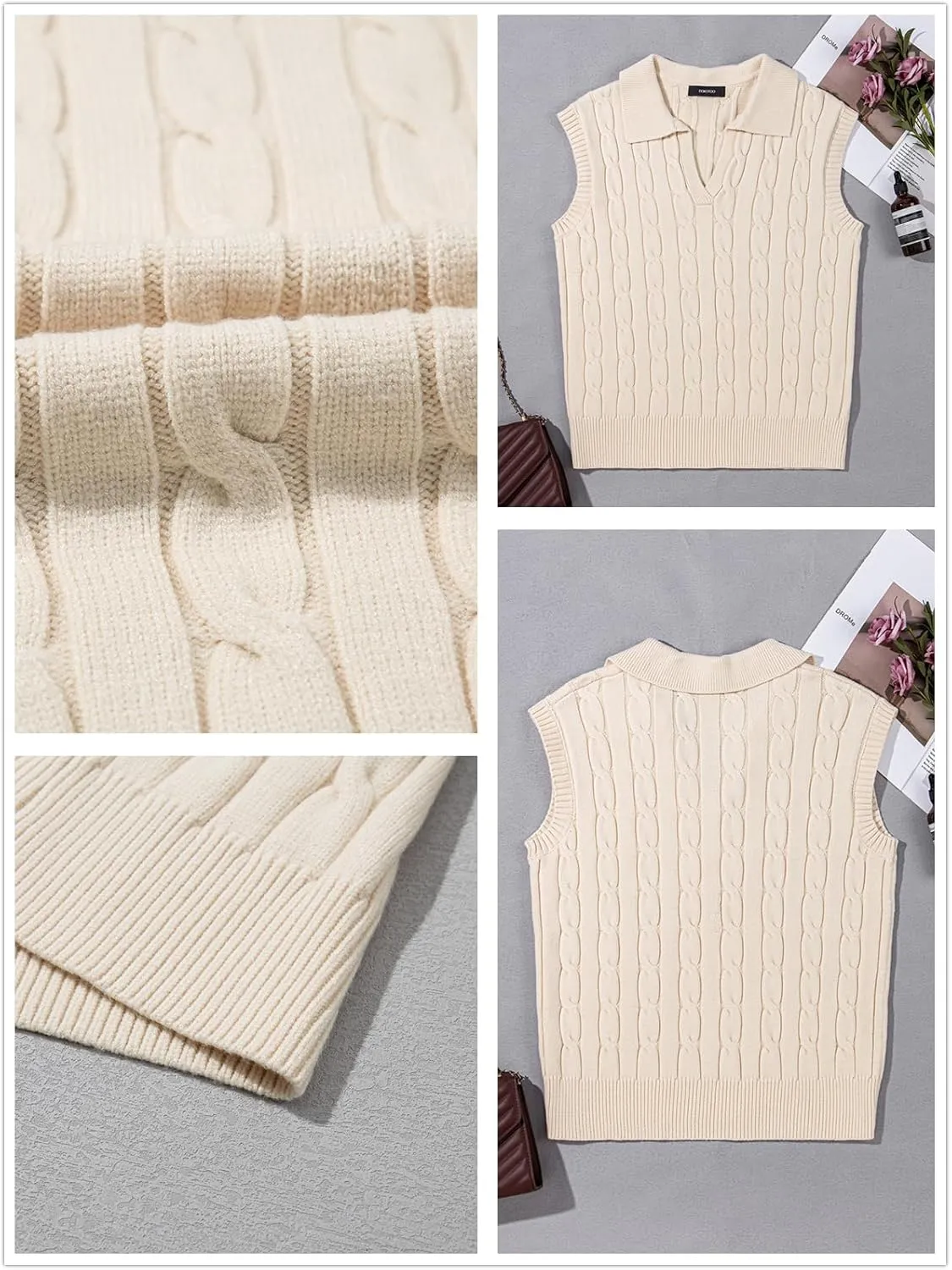 Dokotoo V-Neck Lapel Collar Cable Knit Vest Top for Women - Spring Outfits 2025