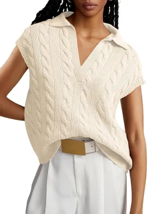Dokotoo V-Neck Lapel Collar Cable Knit Vest Top for Women - Spring Outfits 2025