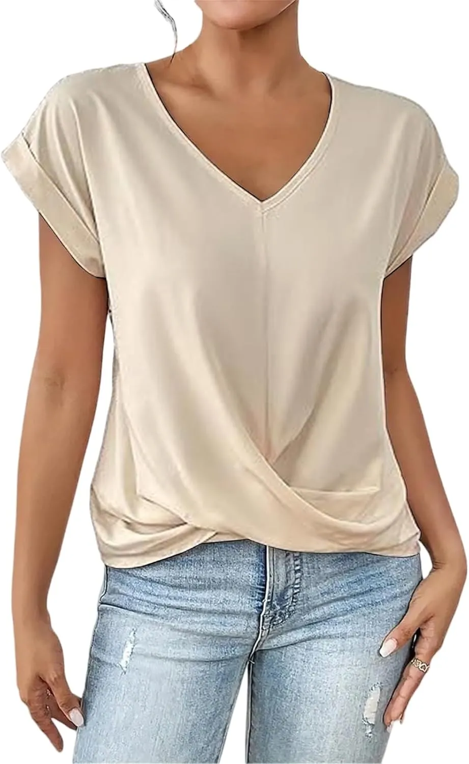Dressy Tops for Women Short Sleeve Round Neck Front Twist Tunic Tops Comfy Casual Summer Shirts Elegant Work Blouses