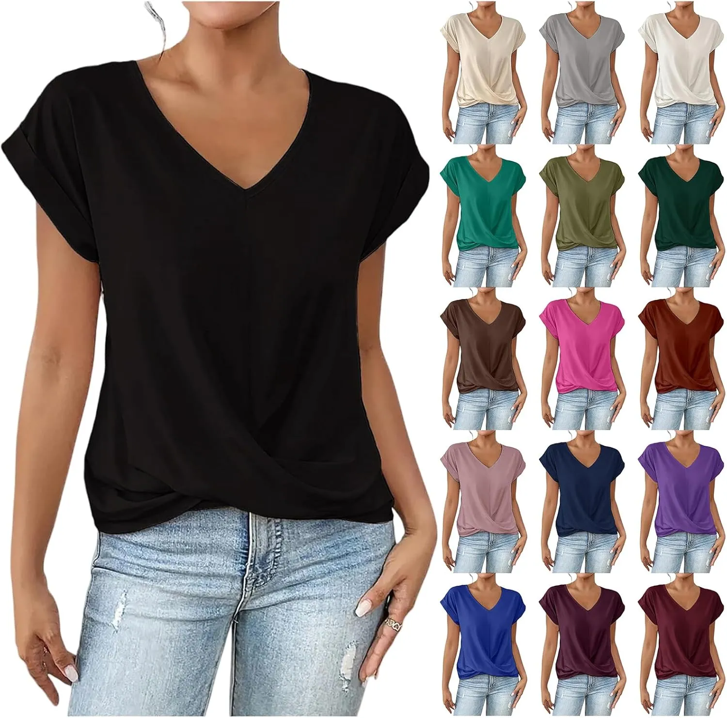 Dressy Tops for Women Short Sleeve Round Neck Front Twist Tunic Tops Comfy Casual Summer Shirts Elegant Work Blouses