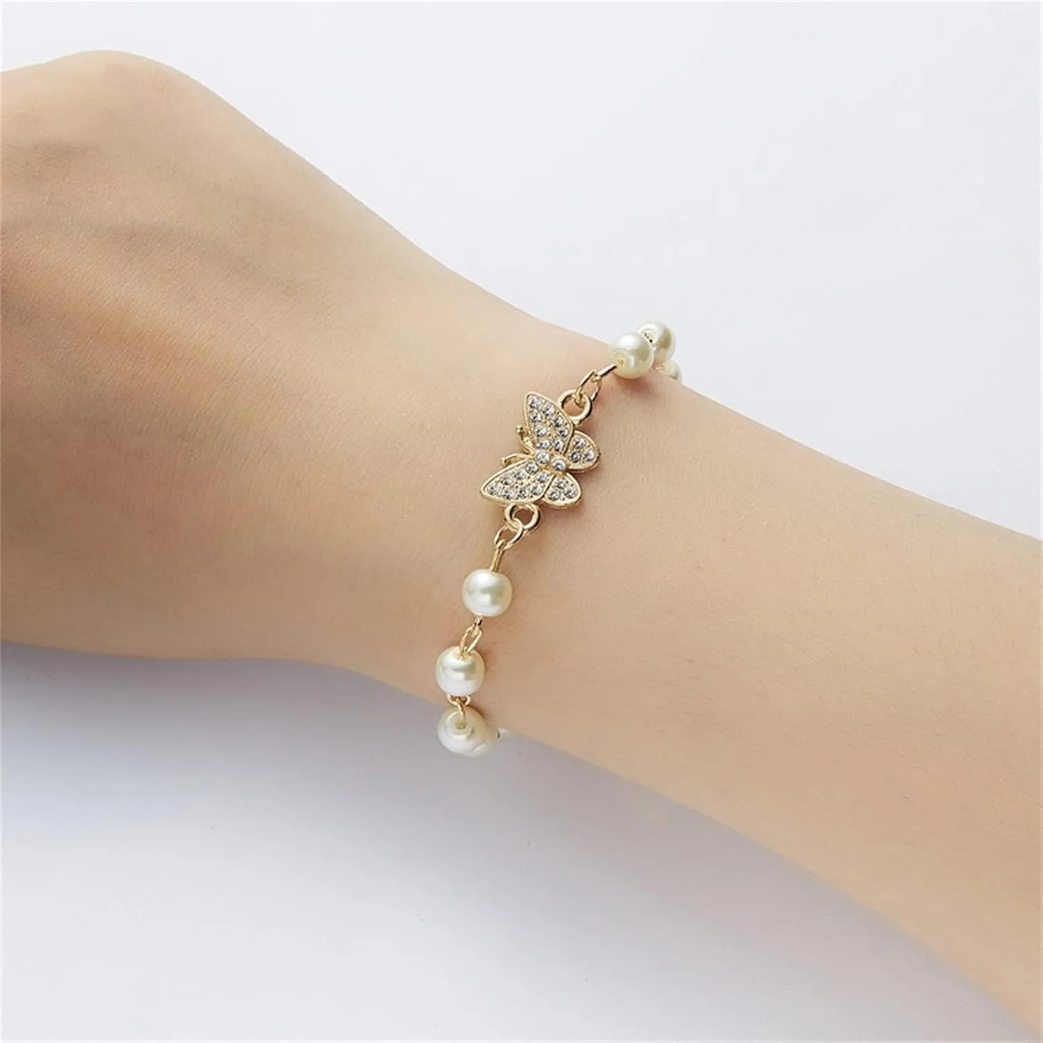 Dreuyet Pearl Beaded Bracelet for Women Trendy Cubic Zirconia Butterfly Starfish Cross Star Statement Bracelets Christmas Wedding Jewelry Gifts