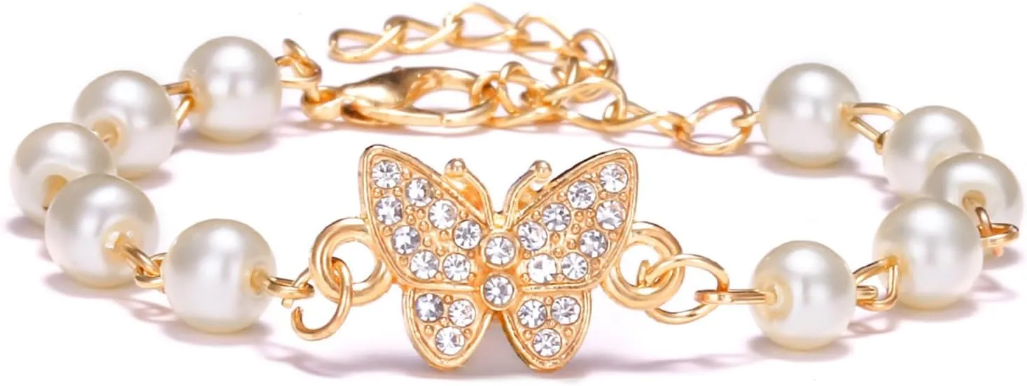 Dreuyet Pearl Beaded Bracelet for Women Trendy Cubic Zirconia Butterfly Starfish Cross Star Statement Bracelets Christmas Wedding Jewelry Gifts